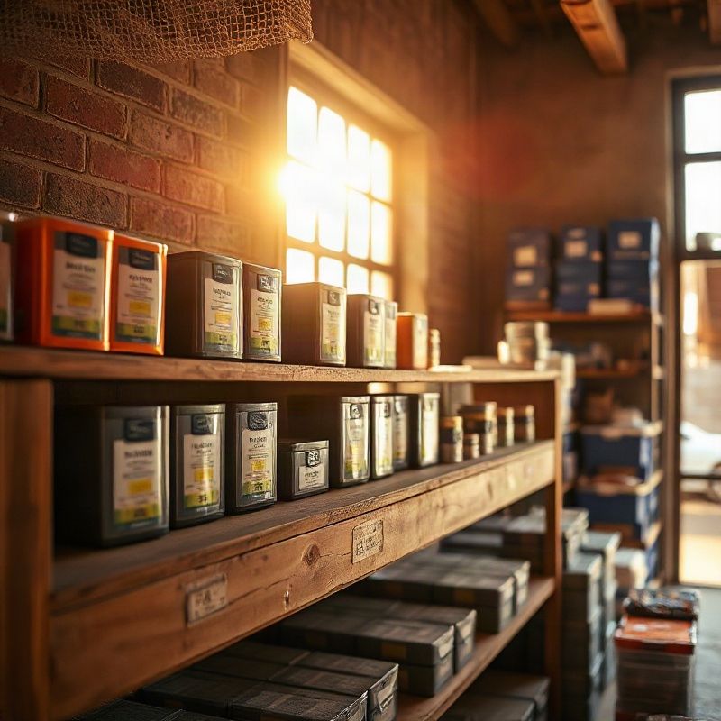 Technical products arranged on a wooden shelf in a Kitale stockroom